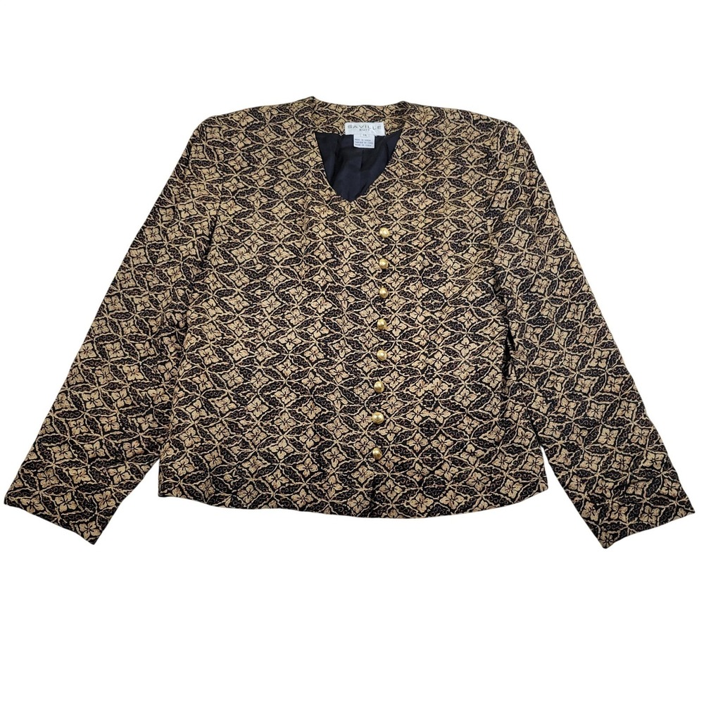 Saville Suit Wrap Blazer Women 14 Black Gold Floral Brocade Button Front Vintage